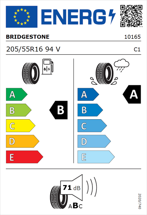 Tyre Label for Bridgestone Turanza T005 205/55R16 94V