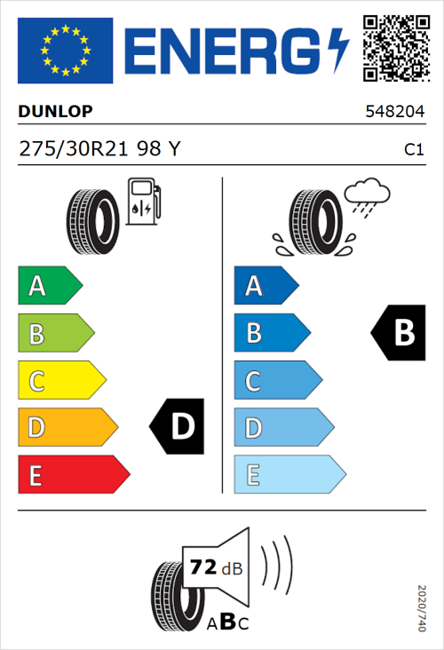 Tyre Label for Dunlop SP SPORTMAXX GT 275/30R21 98Y