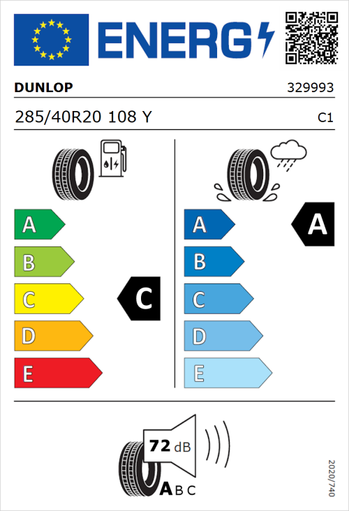 Tyre Label for Dunlop SP SportMaxx RT 285/40R20 108Y