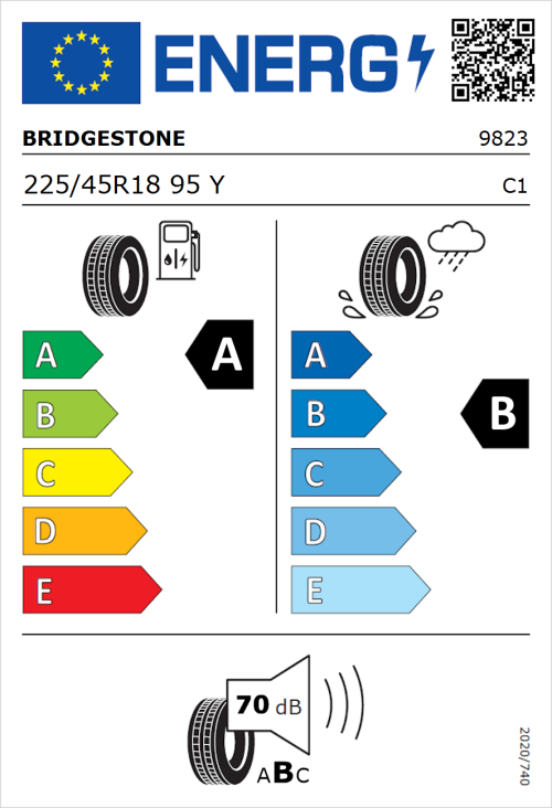 Tyre Label for Bridgestone Turanza T005 225/45R18 95Y