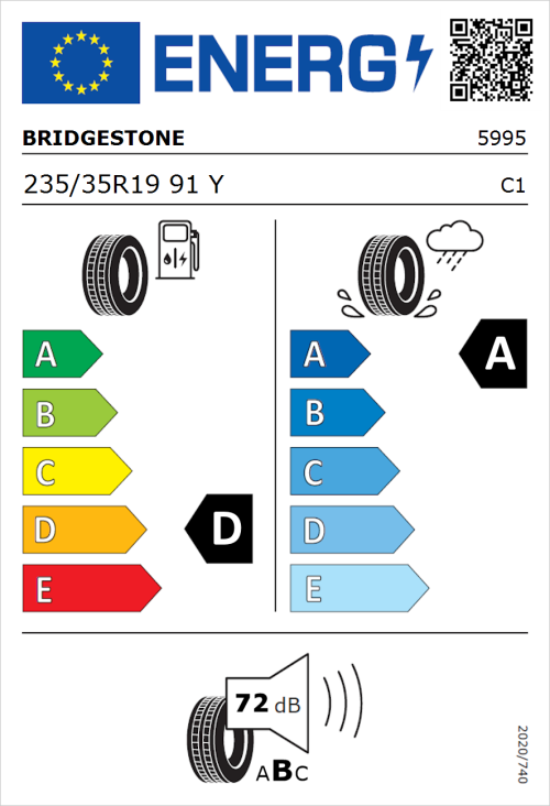 Tyre Label for Bridgestone Turanza T005 235/35R19 91Y