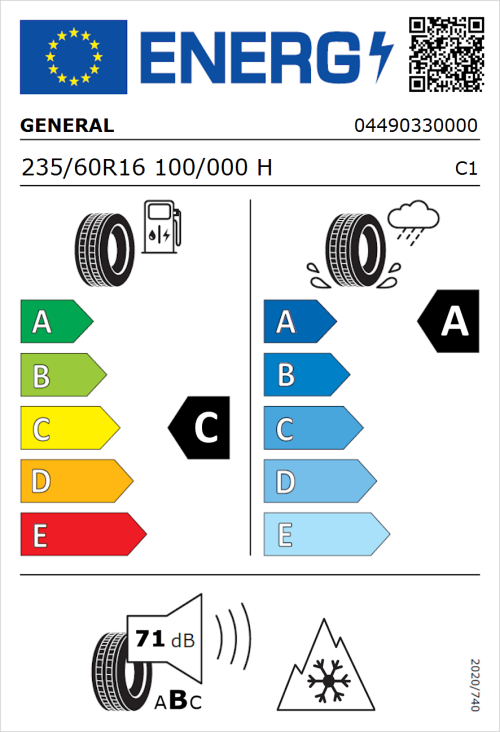 Tyre Label for General Grabber GT Plus 235/60R16 100/000H
