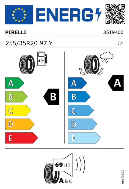 Tyre Label for Pirelli P Zero (PNCS) 255/35R20 97Y