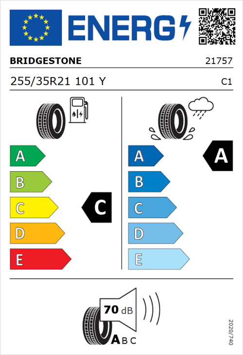 Tyre Label for Bridgestone Turanza T005 255/35R21 101Y