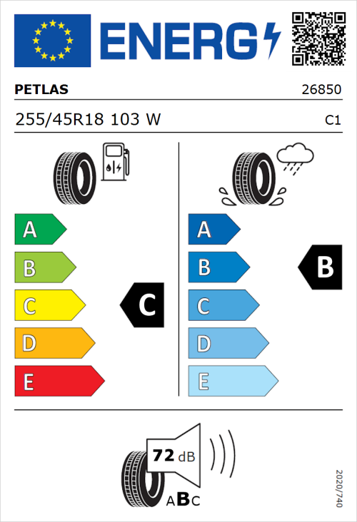 Tyre Label for Petlas Velox Sport PT741 255/45R18 103W
