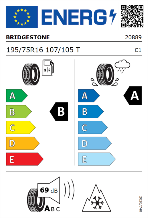 Tyre Label for Bridgestone Duravis Van 195/75R16 107/105T