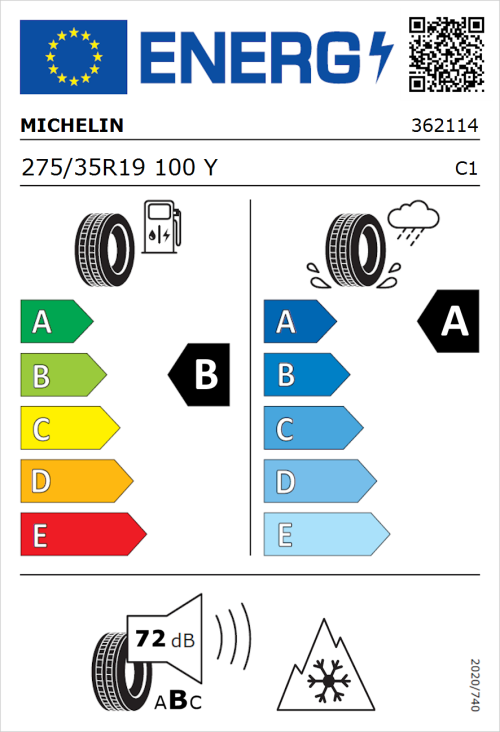 Tyre Label for Michelin CrossClimate 3 275/35R19 100Y