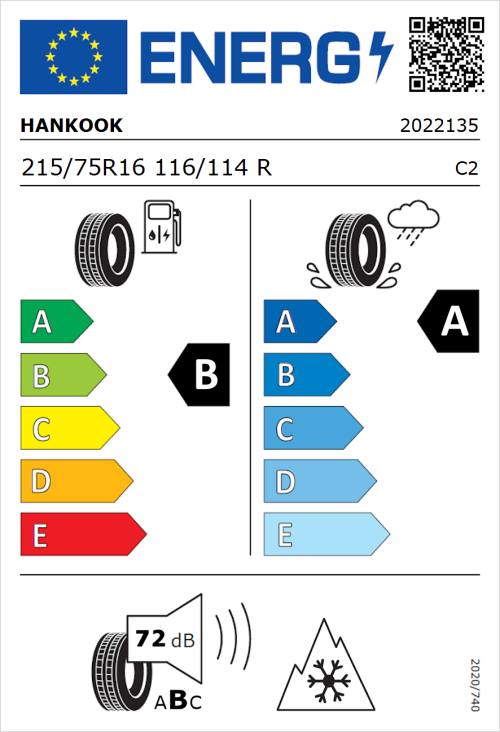 Tyre Label for Hankook Vantra Transit (RA58) 215/75R16 116/114R