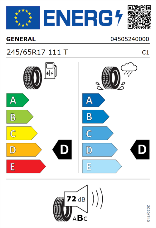 Tyre Label for General Grabber HTS60 245/65R17 111T