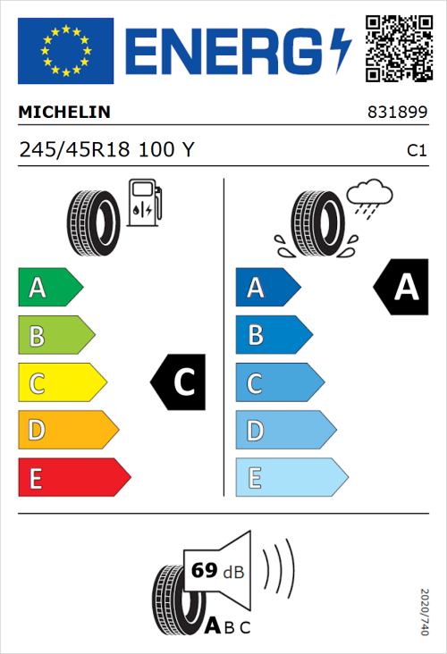 Tyre Label for Michelin Primacy 3 (Zero Pressure) 245/45R18 100Y